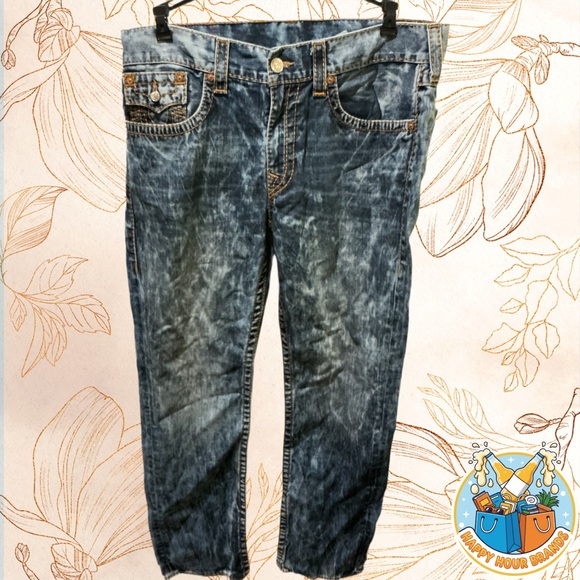 True Religion World Tour Straight Flap Big T Orange Stitch Jeans Mens Size 36